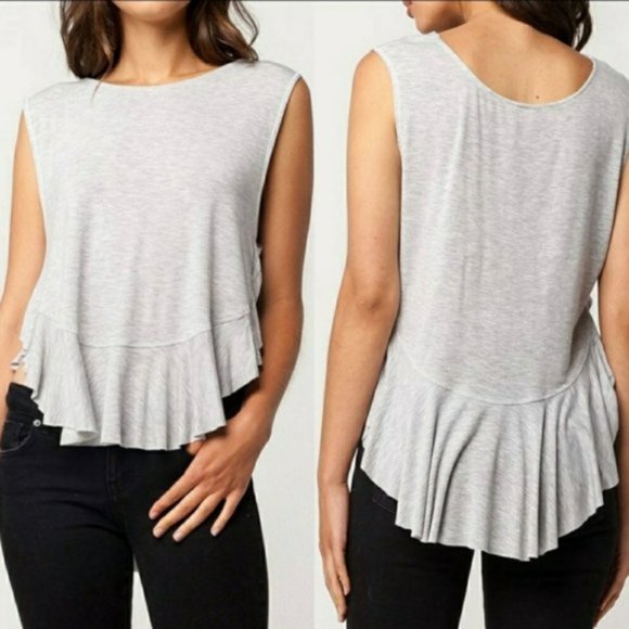 Free People We the Free Gray Heather Ruffle Uptown Sleeveless Tank Top - Picture 1 of 7